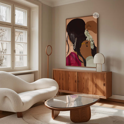 Minimal Indian artwork focused on hair styling with jasmine flowers and soft tones