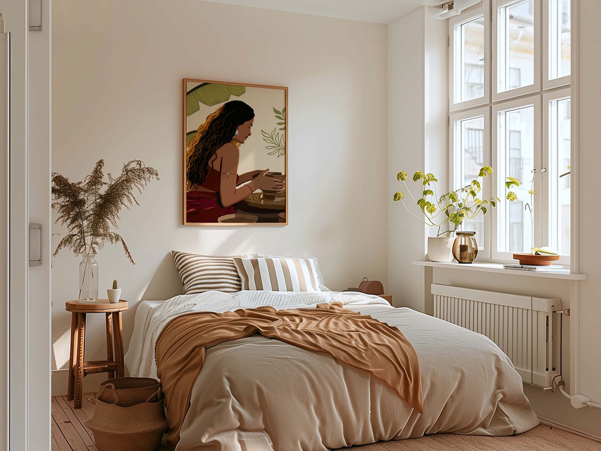 Feminine wall art print with long-haired woman doing pottery in calm, grounded tones