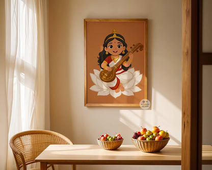 Hindu goddess Baby Saraswati art print – divine decor for home, temple, or spiritual spaces