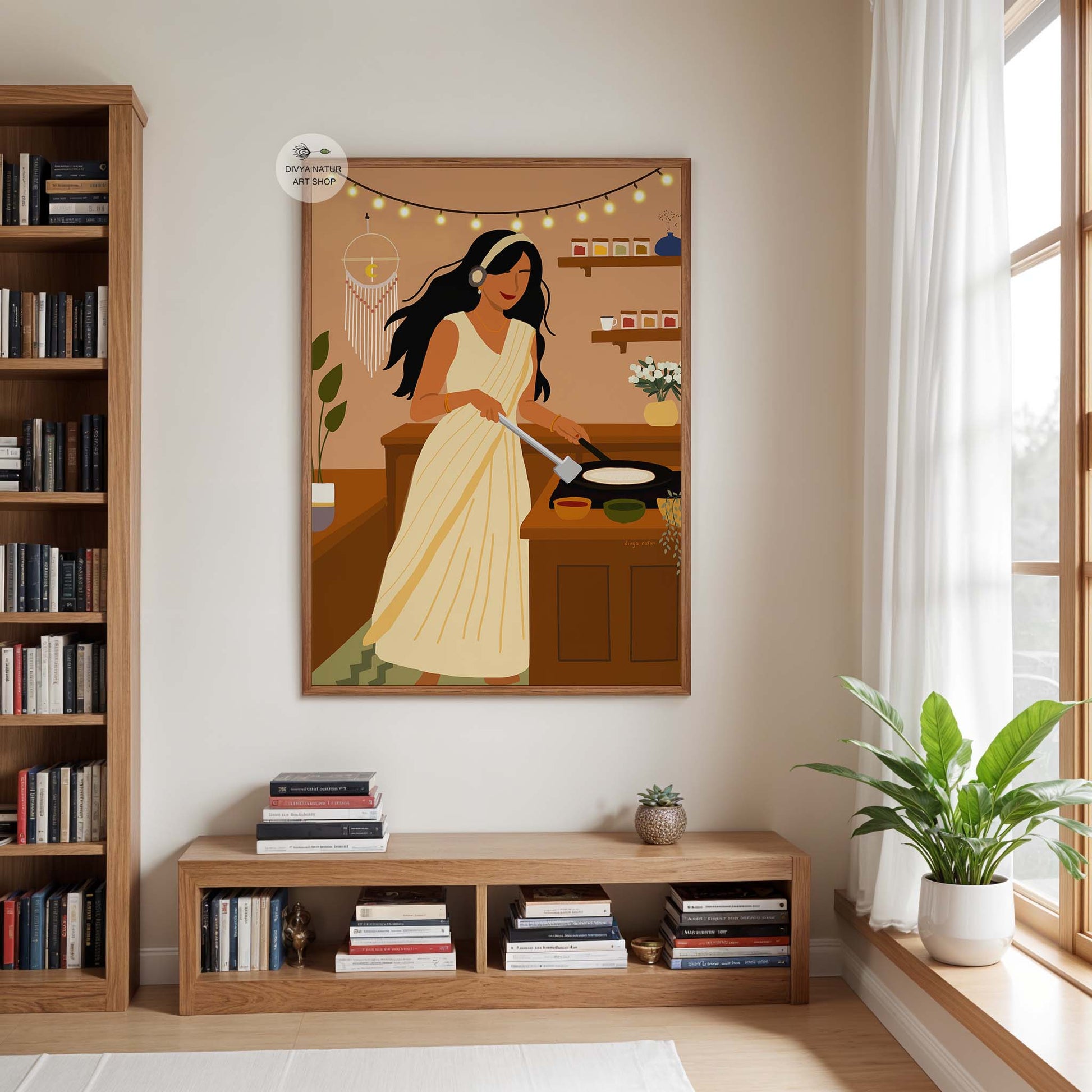 Vibrant art print of Indian cooking tradition with dosa and spices