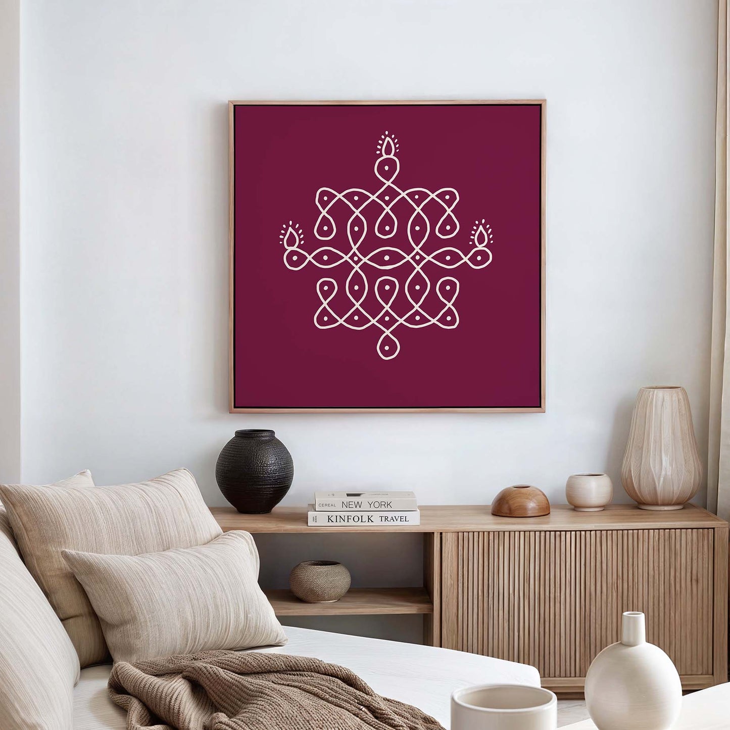 Traditional kolam wall decor inspired by South Indian rangoli patterns in oak floating frame