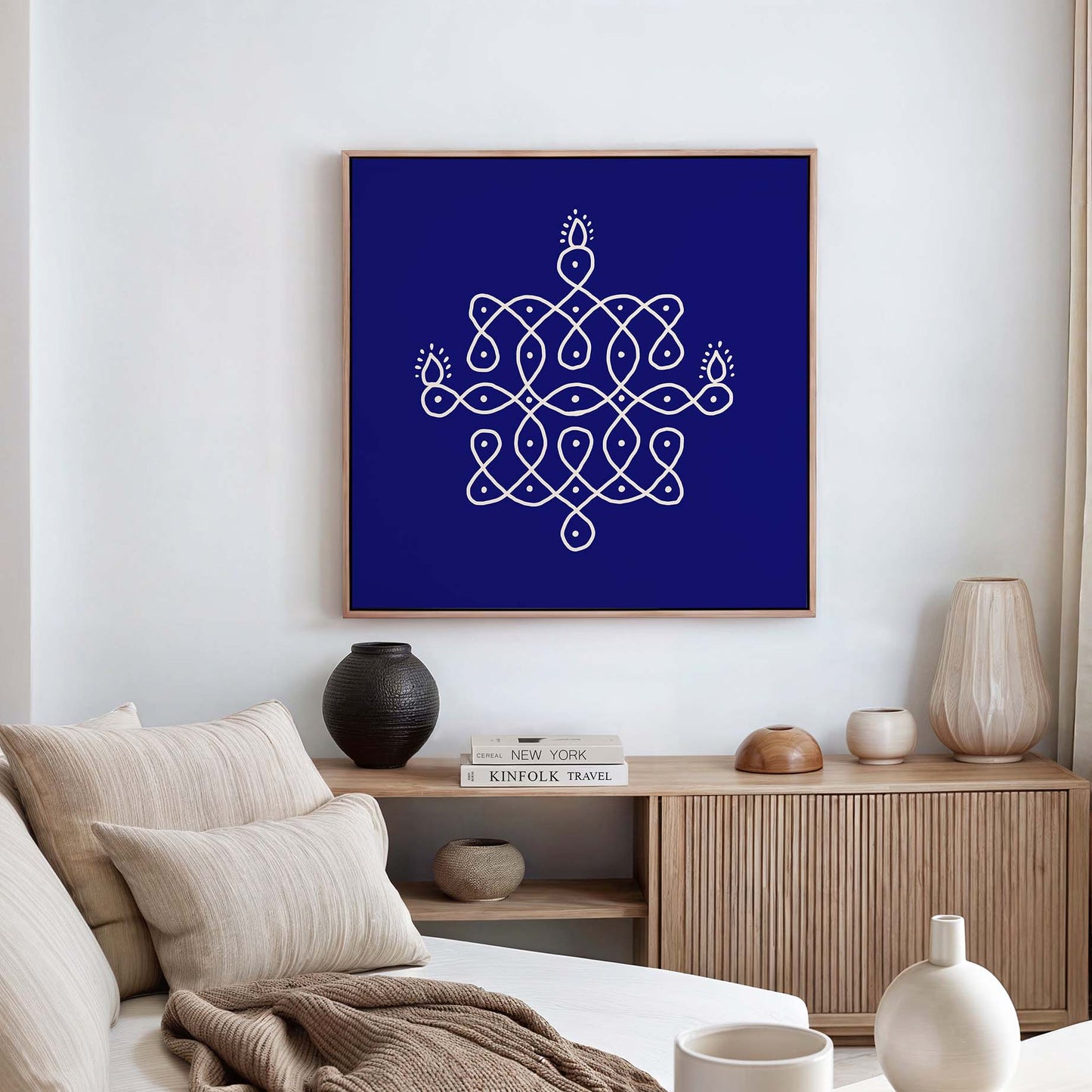 Indian sacred geometric wall art featuring hand illustrated kolam design in vibrant orange