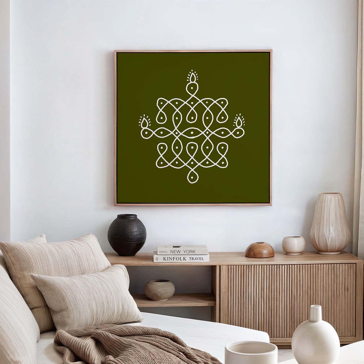 South Indian kolam artwork with symmetrical white rangoli pattern for modern home decor