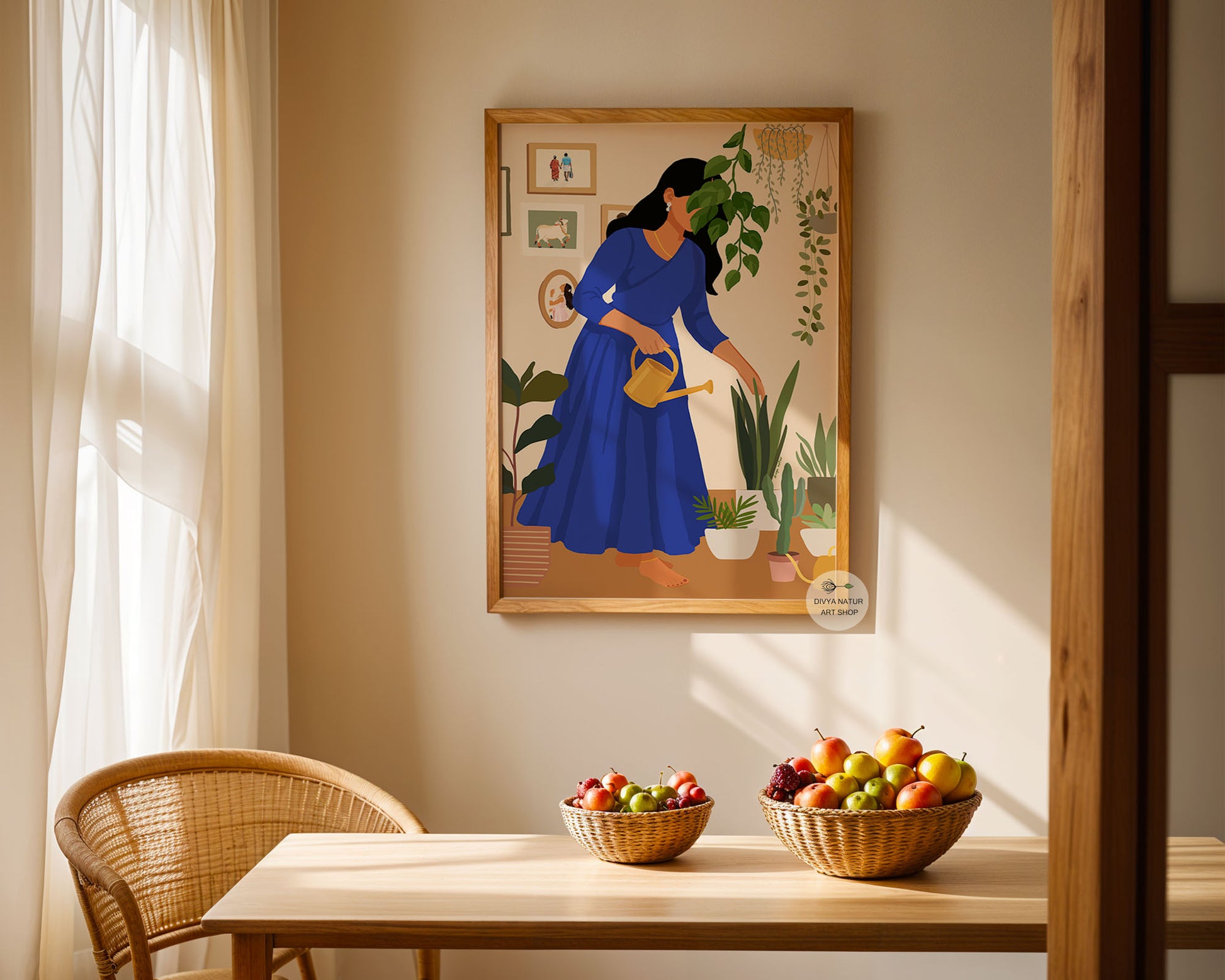 Cultural wall decor of woman tending to indoor plants with watering can
