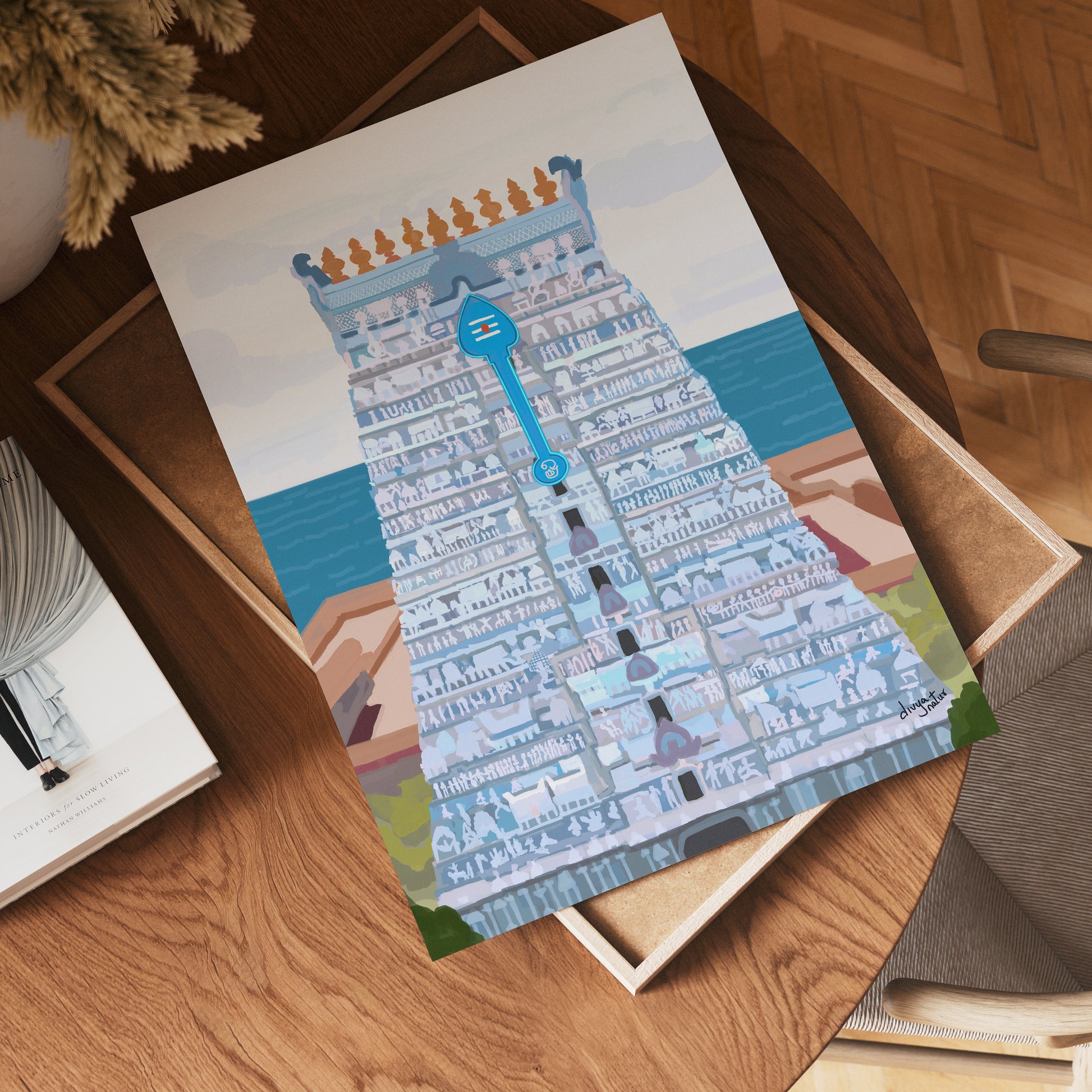Indian temple wall art print of Tiruchendur Murugan with ocean backdrop and details