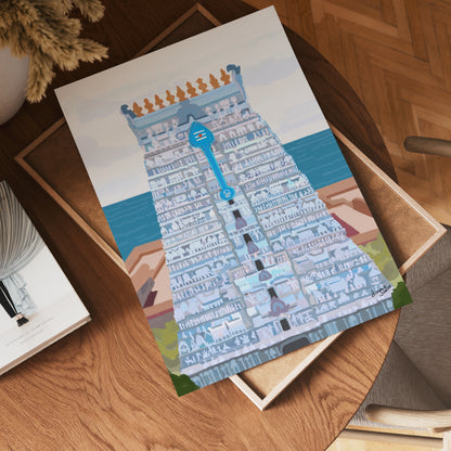 Indian temple wall art print of Tiruchendur Murugan with ocean backdrop and details