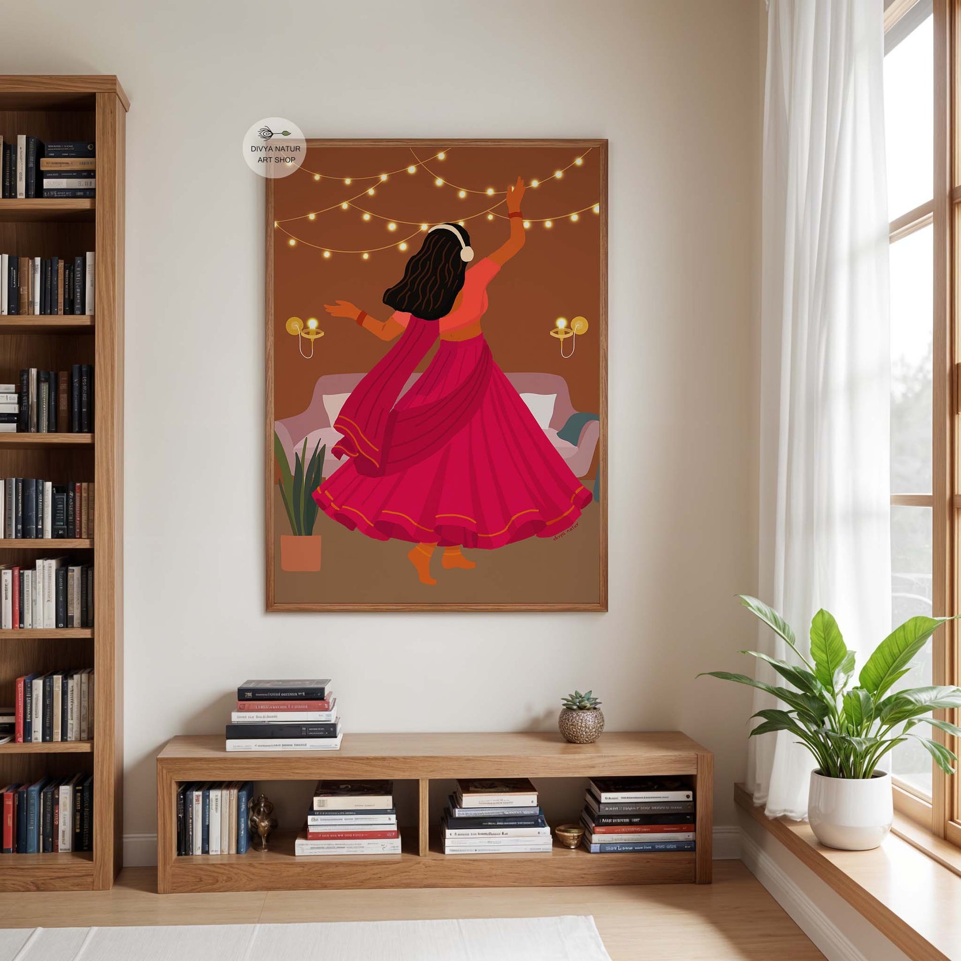 Vibrant wall art of traditional dance illustration with fairy lights