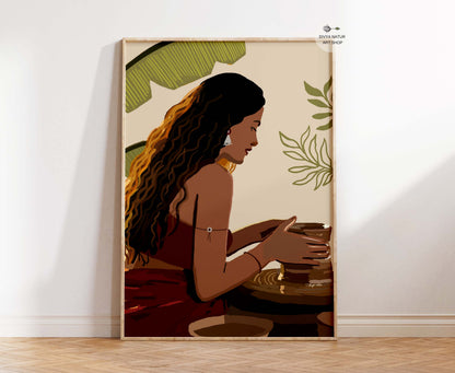 Indian-inspired art print showing woman making pottery in earthy colors and soft tropical background