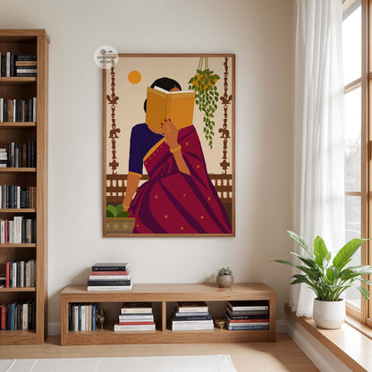 A framed art print depicting a woman in a red and purple sari reading a yellow book, hanging on a beige wall in a modern, sunlit room with a wooden bookshelf and a potted plant.