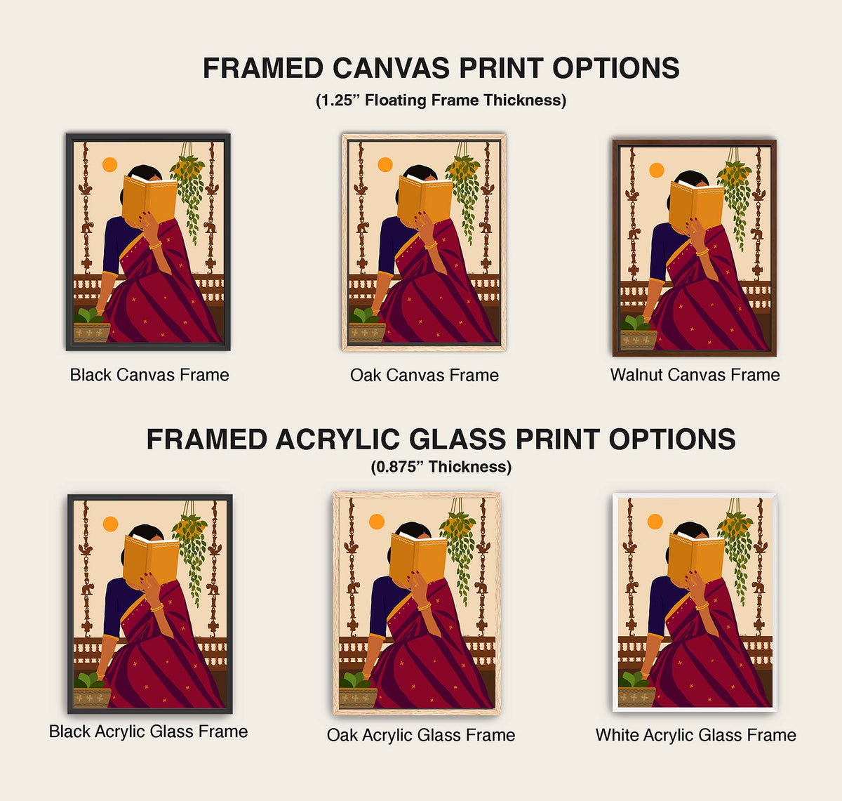 A comparison chart showing framed canvas print options and framed acrylic glass print options, each with a stylized illustration of a seated figure in a red robe. The top section is labeled 'FRAMED CANVAS PRINT OPTIONS' with 1.