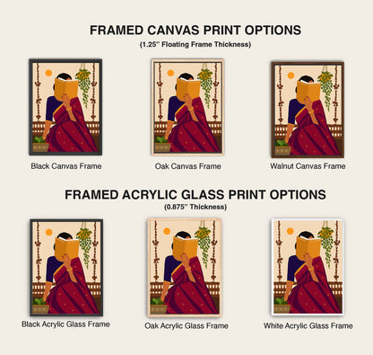 A comparison chart showing framed canvas print options and framed acrylic glass print options, each with a stylized illustration of a seated figure in a red robe. The top section is labeled 'FRAMED CANVAS PRINT OPTIONS' with 1.