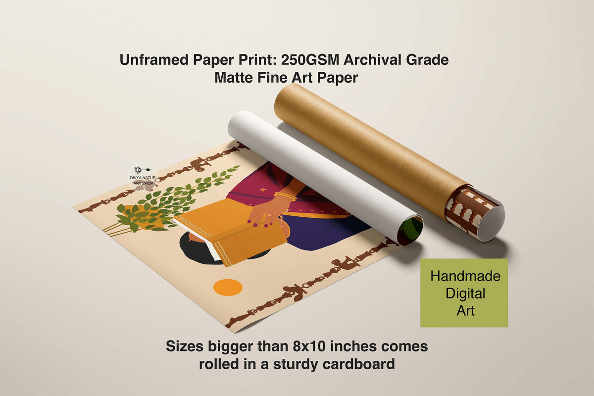 A product graphic showing a rolled sheet of unframed paper print and a cardboard tube of the same paper, with text describing the material as 250GSM archival grade matte fine art paper and noting handmade digital art. The background is a clean warm off-white.
