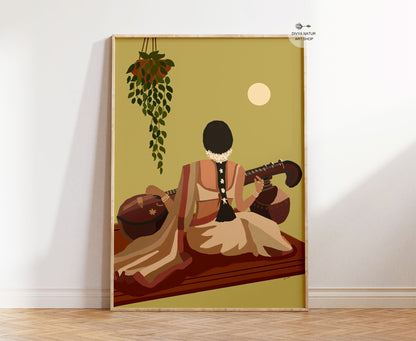 Indian woman playing veena traditional South Indian wall art