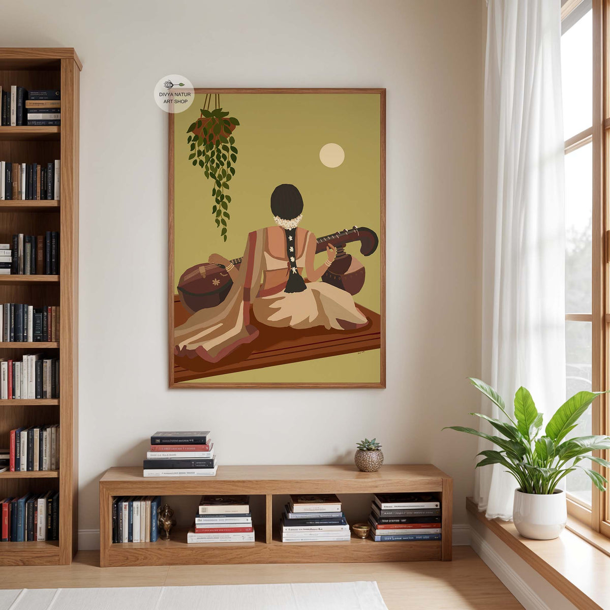 South Indian cultural wall art featuring veena and jasmine flowers