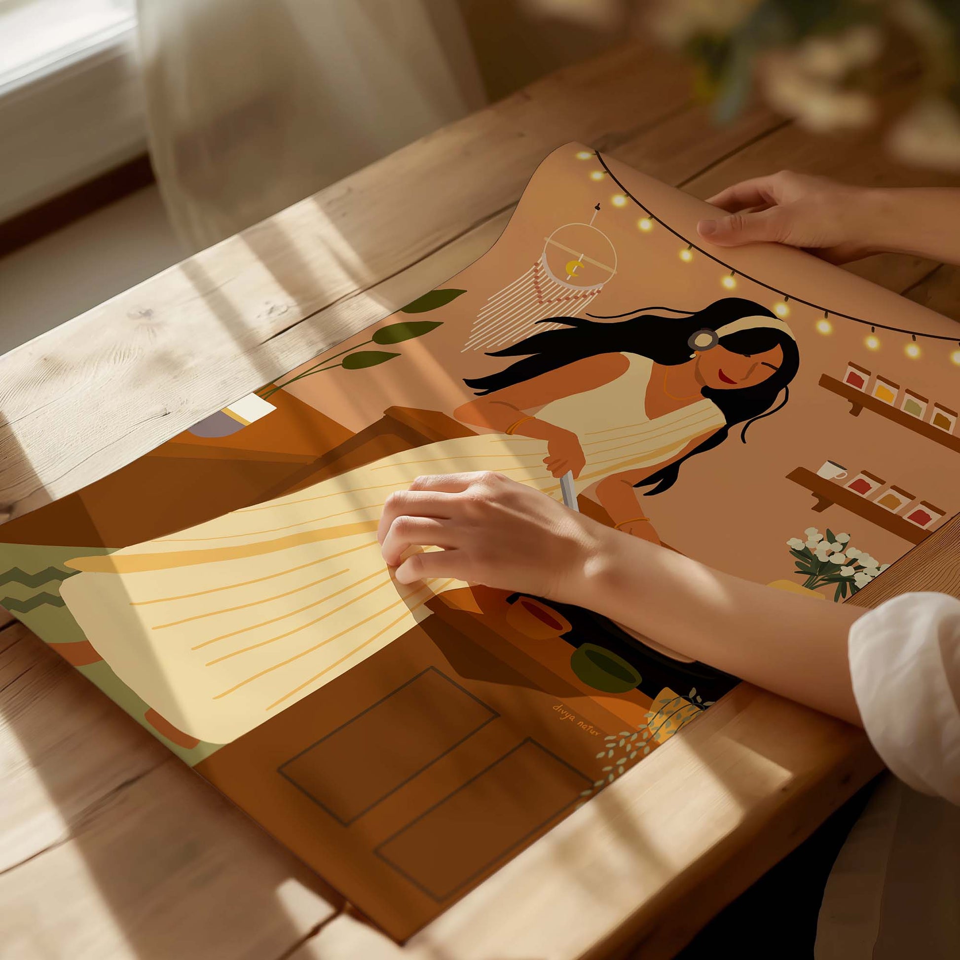 Cozy kitchen wall art of South Indian woman flipping dosa gracefully