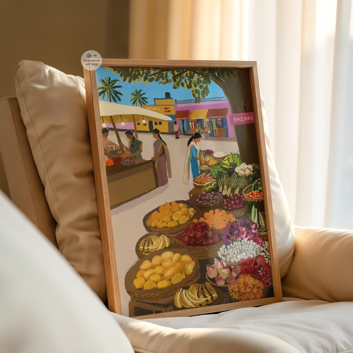South Indian market wall decor with flowers, vegetables and mango baskets.