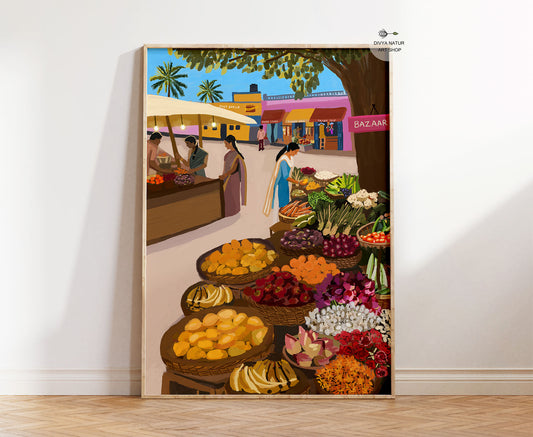 Indian vegetable market wall art featuring colorful fruit, flower and vegetable stalls.
