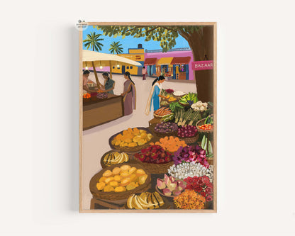Kitchen wall decor inspired by vibrant Indian vegetable markets.
