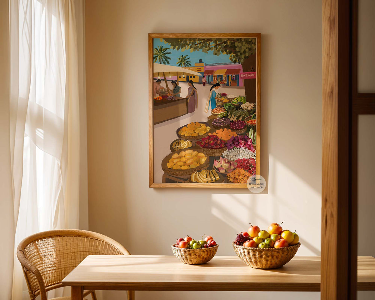 Colorful Indian fruit market painting inspired by everyday village life.