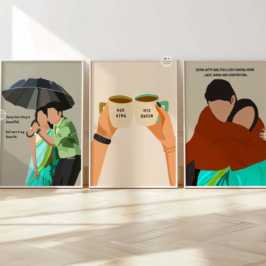 Set of three romantic Indian couple art prints celebrating love and togetherness.