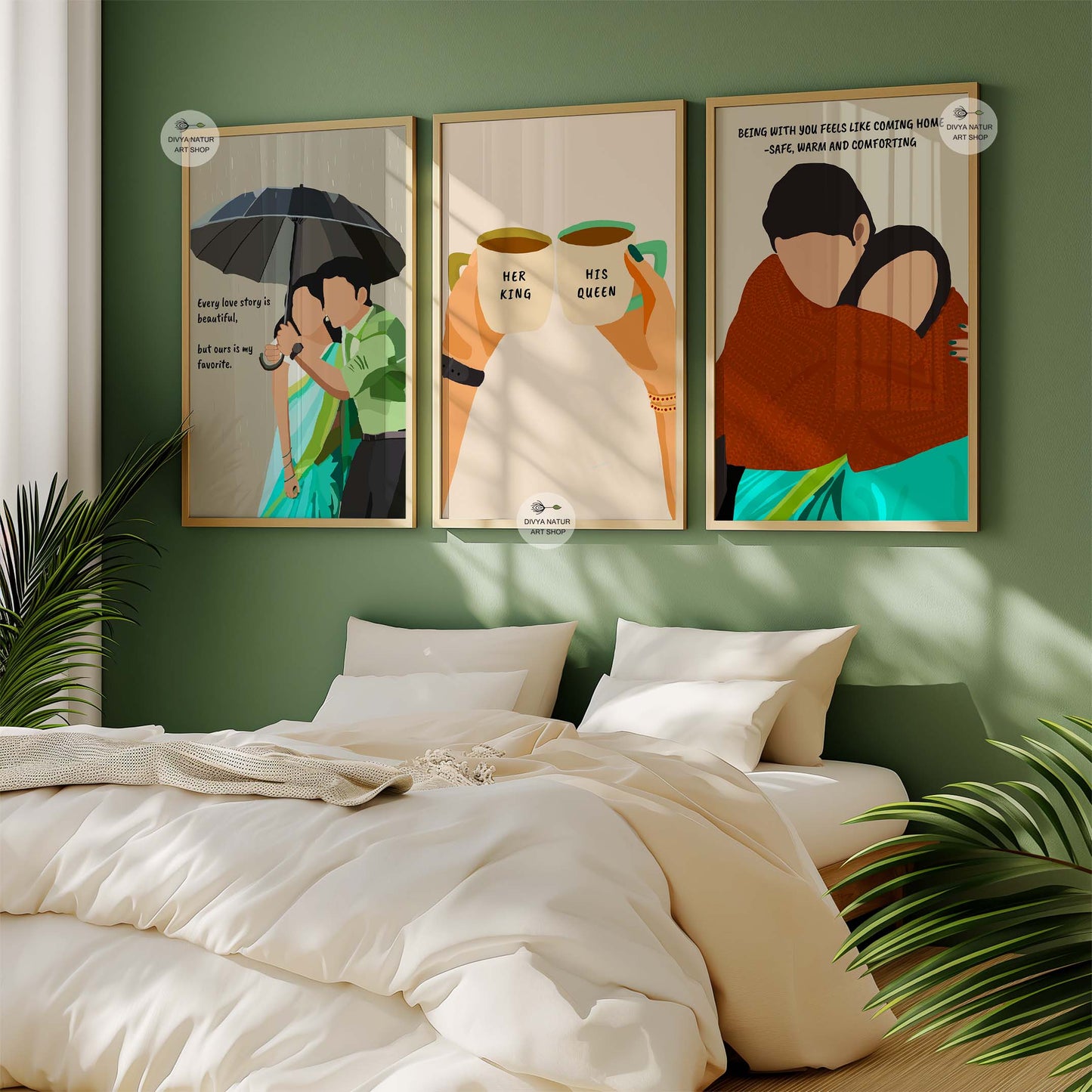 "Every Love Story is Beautiful" print featuring a couple under an umbrella in the rain.