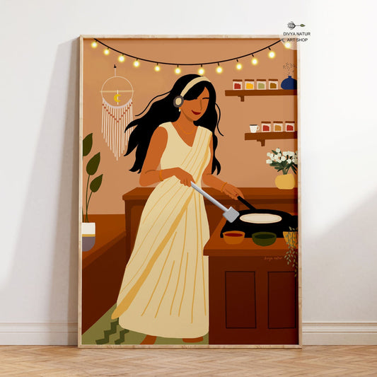 Art print of Indian woman in cream saree cooking dosa in cozy kitchen with plants