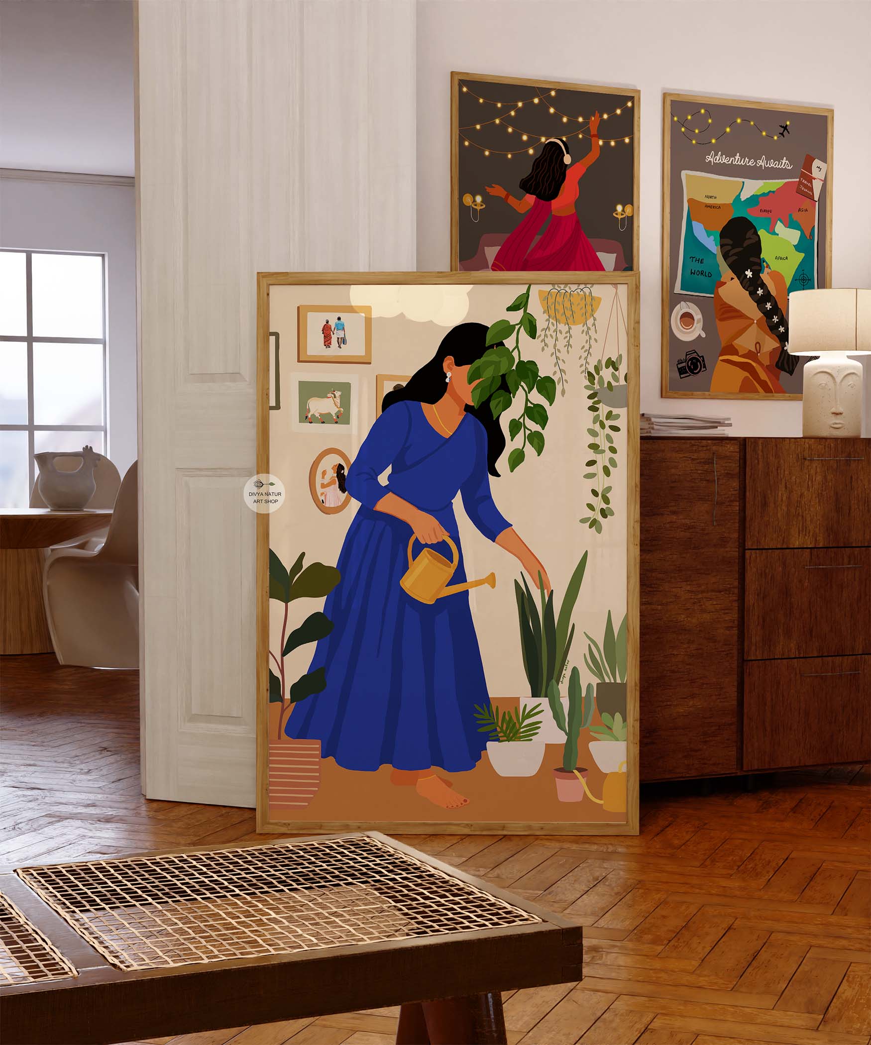 Illustration of Indian woman surrounded by greenery and framed artwork