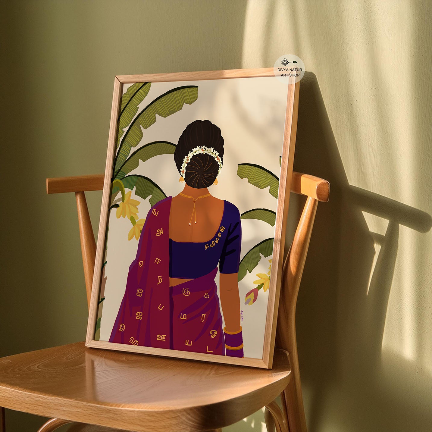 Illustrated Tamil woman from behind with jasmine flowers