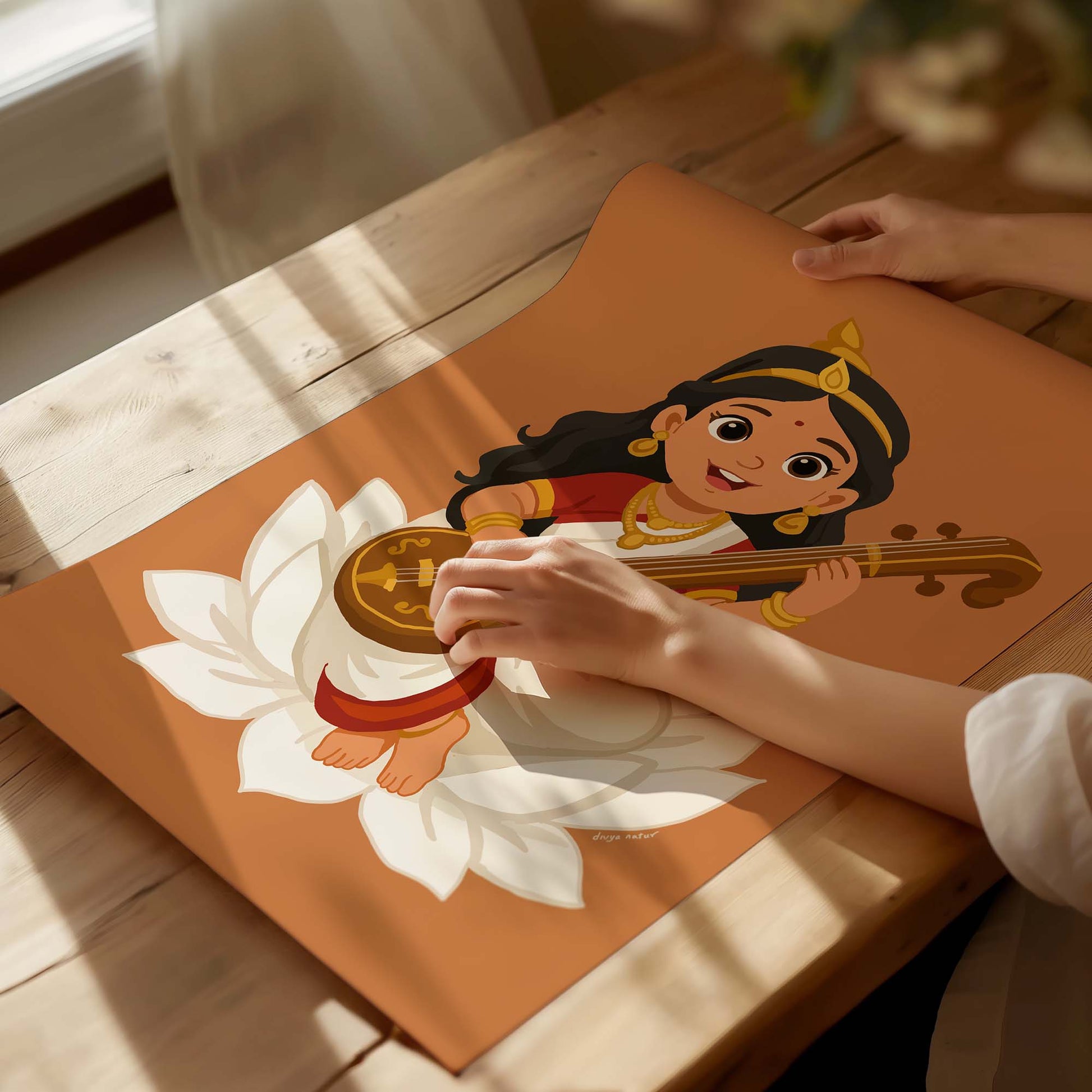 Indian Baby Saraswati illustration with veena, symbol of creativity and learning wall art