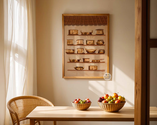 Traditional Tamil kitchen decor print with rustic shelves and Indian cookware artwork