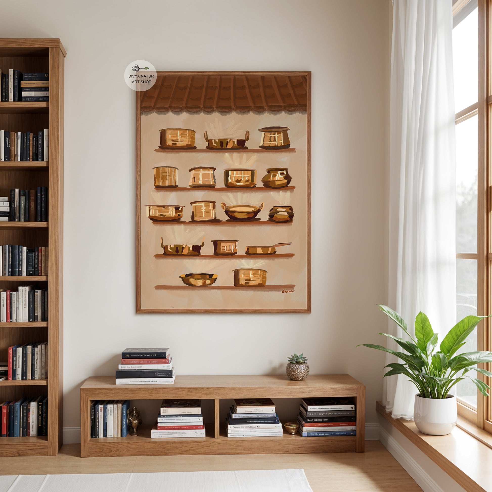 Neutral Indian kitchen wall decor inspired by vintage brass utensils and warm interiors