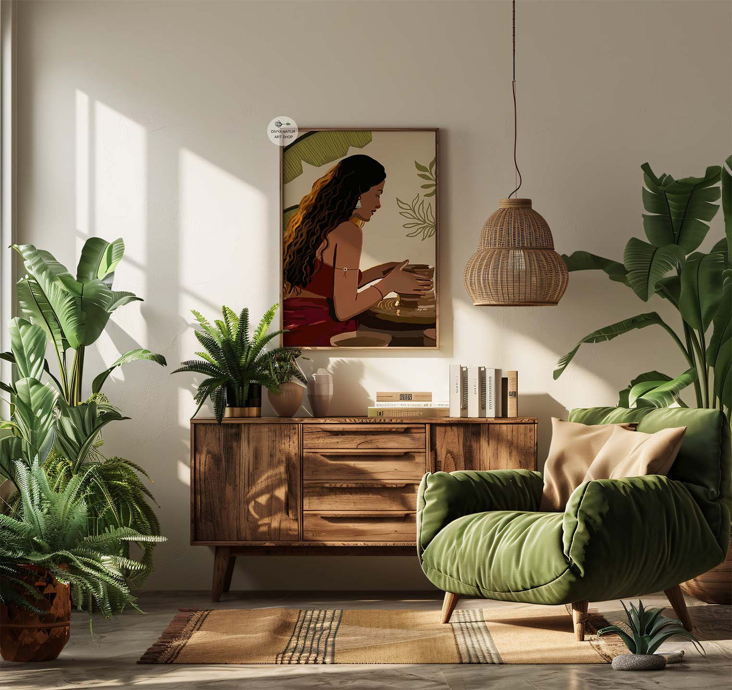 Minimal earthy artwork featuring creative woman shaping clay at a pottery wheel