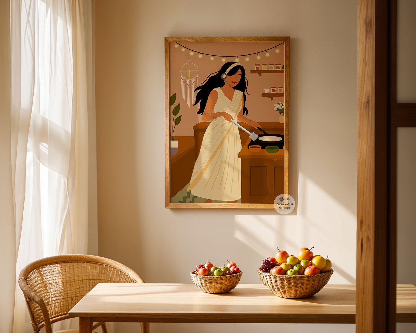 Illustration of woman in saree surrounded by plants while cooking dosa