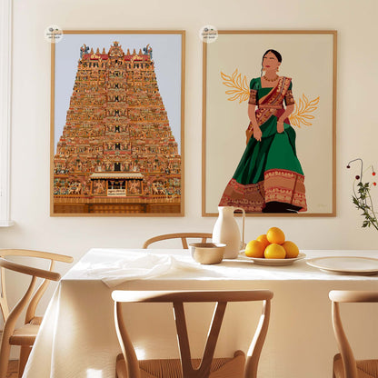 Hand-drawn gopuram artwork of Madurai Meenakshi Temple in vibrant colors