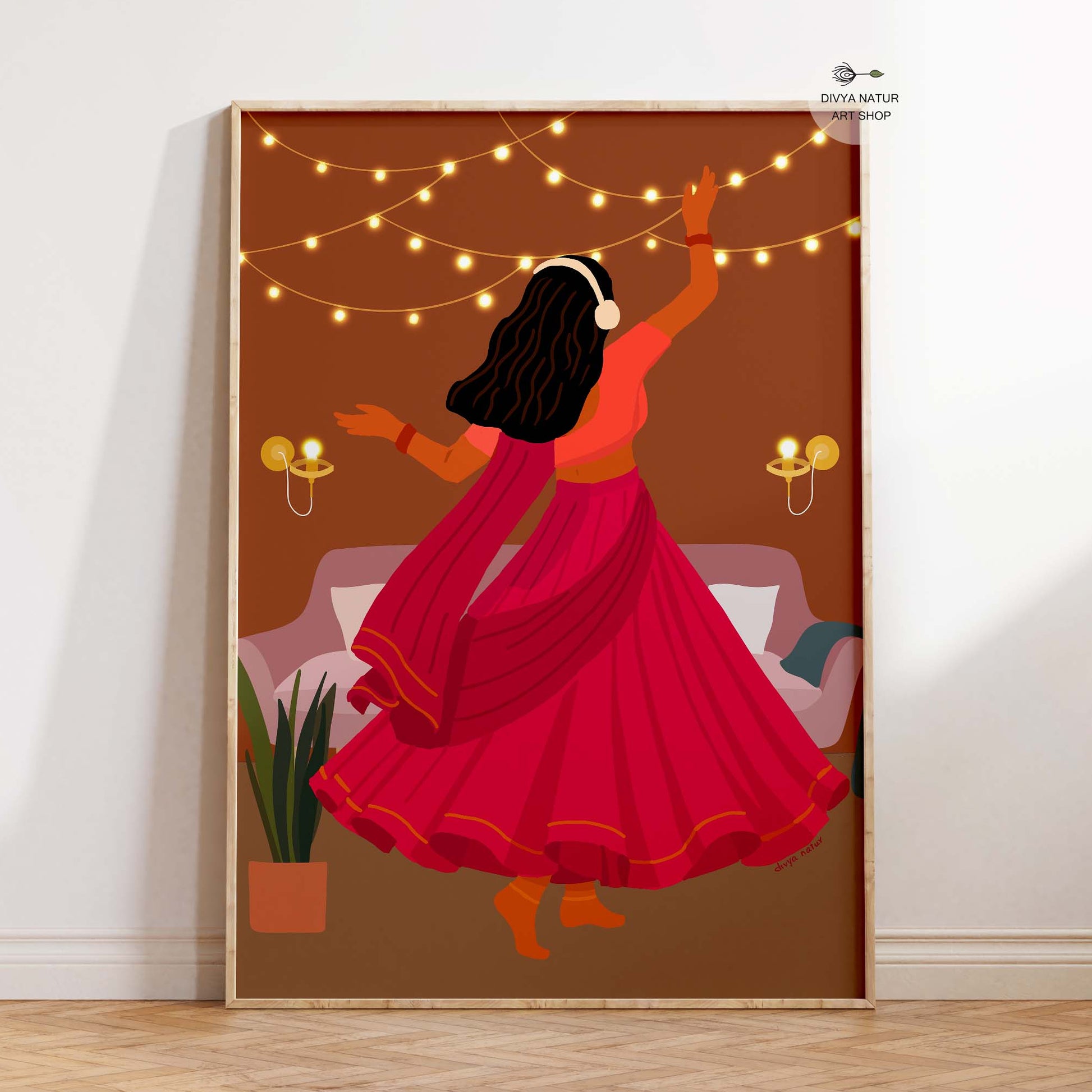 Art print of Indian woman in magenta lehenga dancing under glowing fairy lights