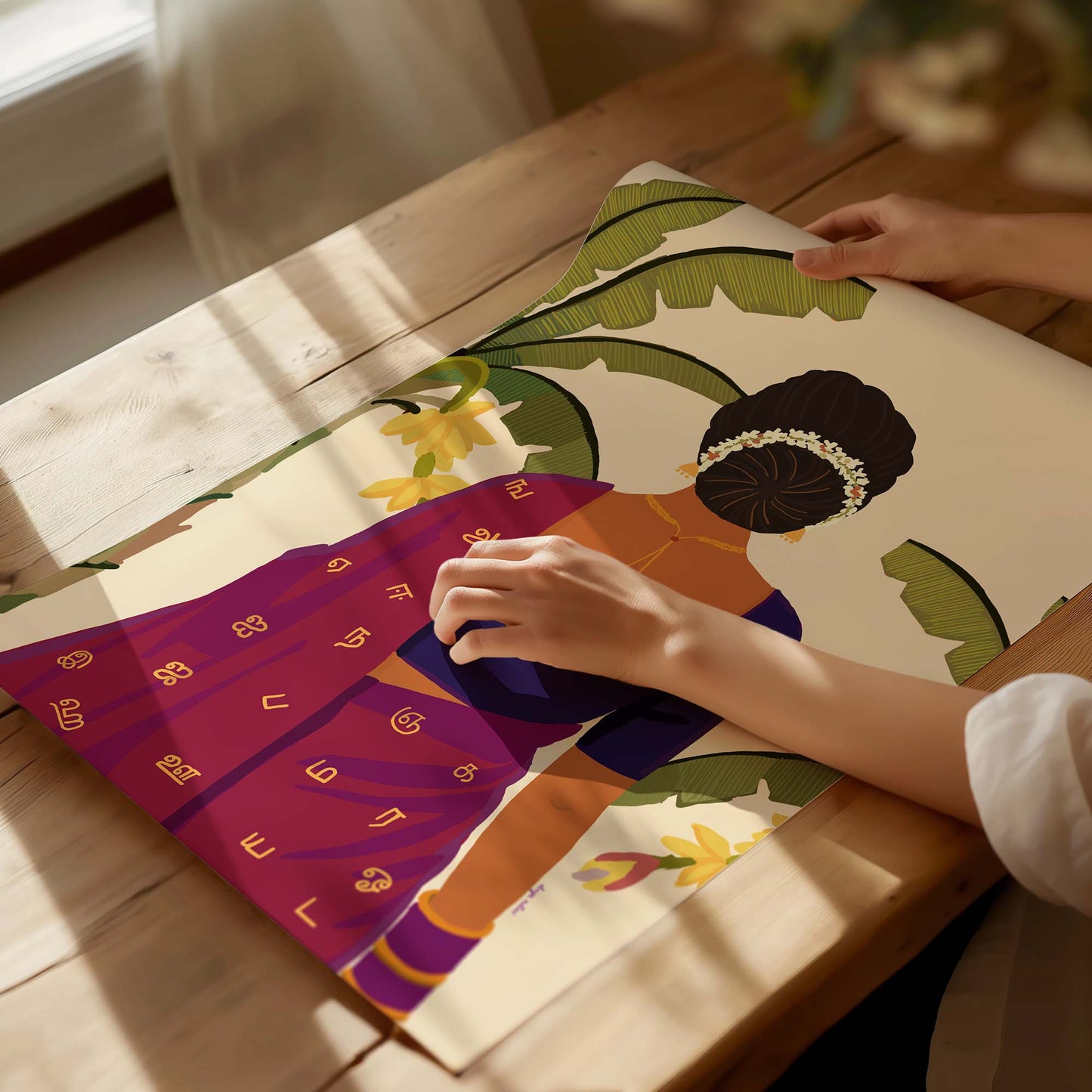 Tamil script saree artwork for living room styling