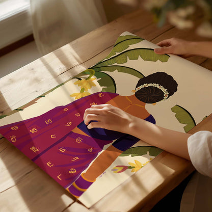 Tamil script saree artwork for living room styling