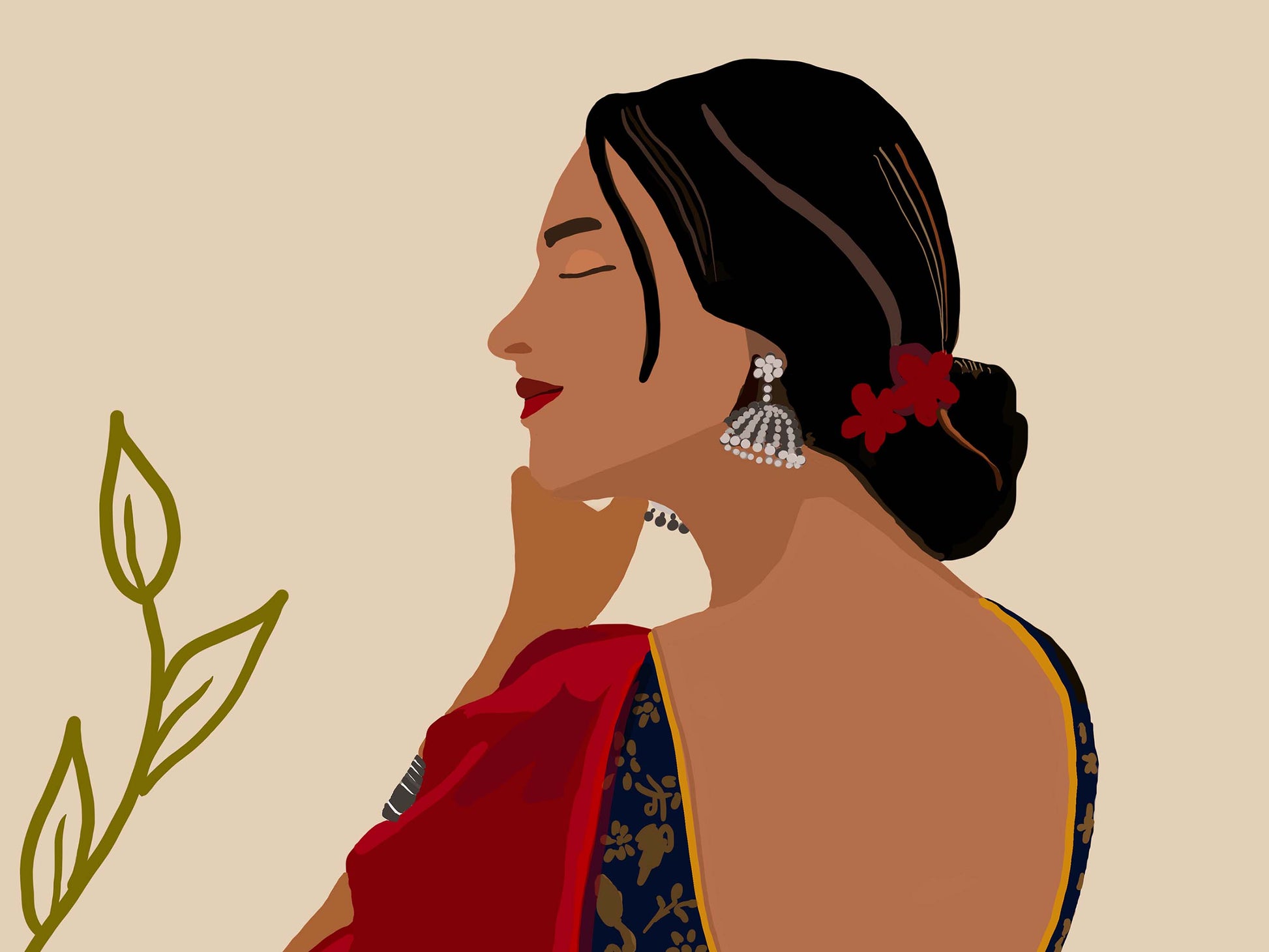 Illustration of a woman in a red and black traditional Red Saree with a plant on a beige background