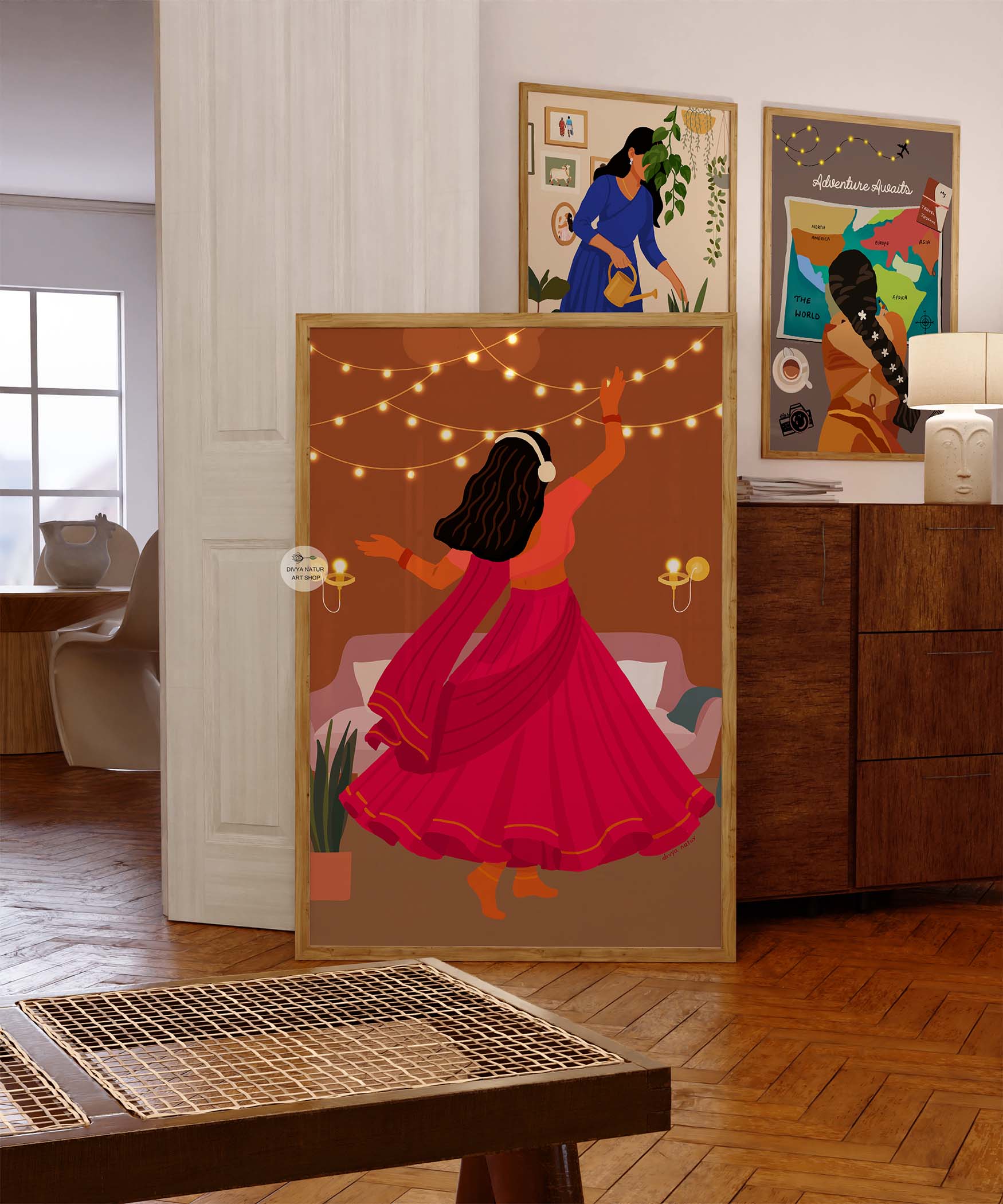 Traditional dance art print with warm tones and festive celebration theme