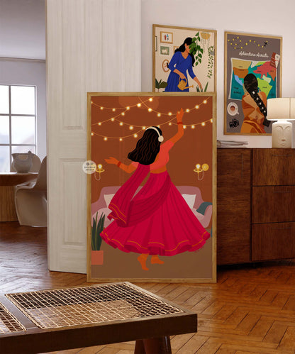 Traditional dance art print with warm tones and festive celebration theme