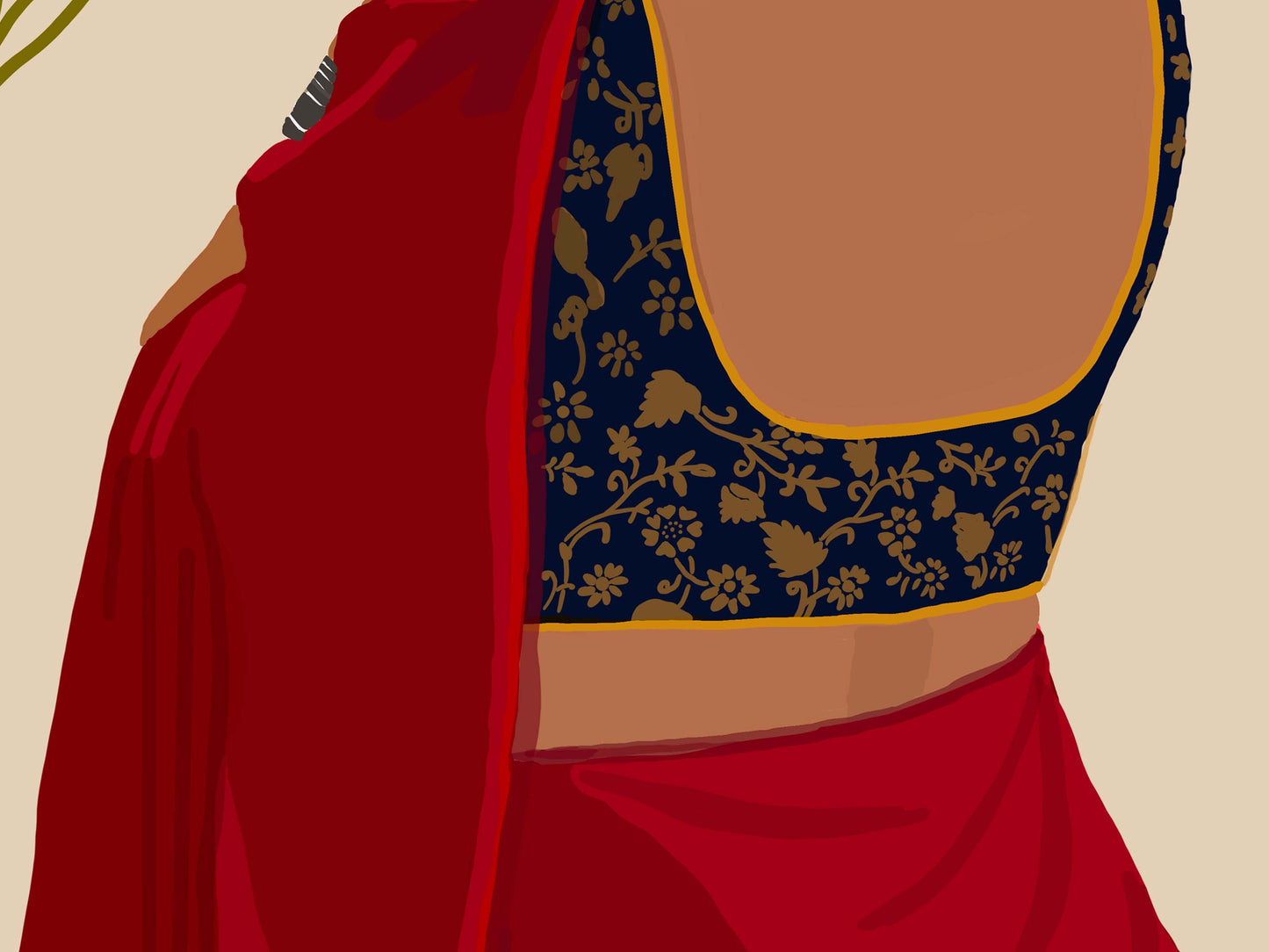 Red saree Woman Art with a blue blouse featuring gold patterns on a beige background