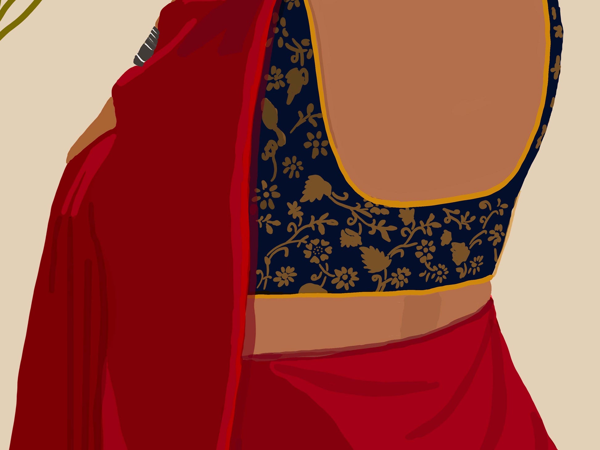 Red saree Woman Art with a blue blouse featuring gold patterns on a beige background
