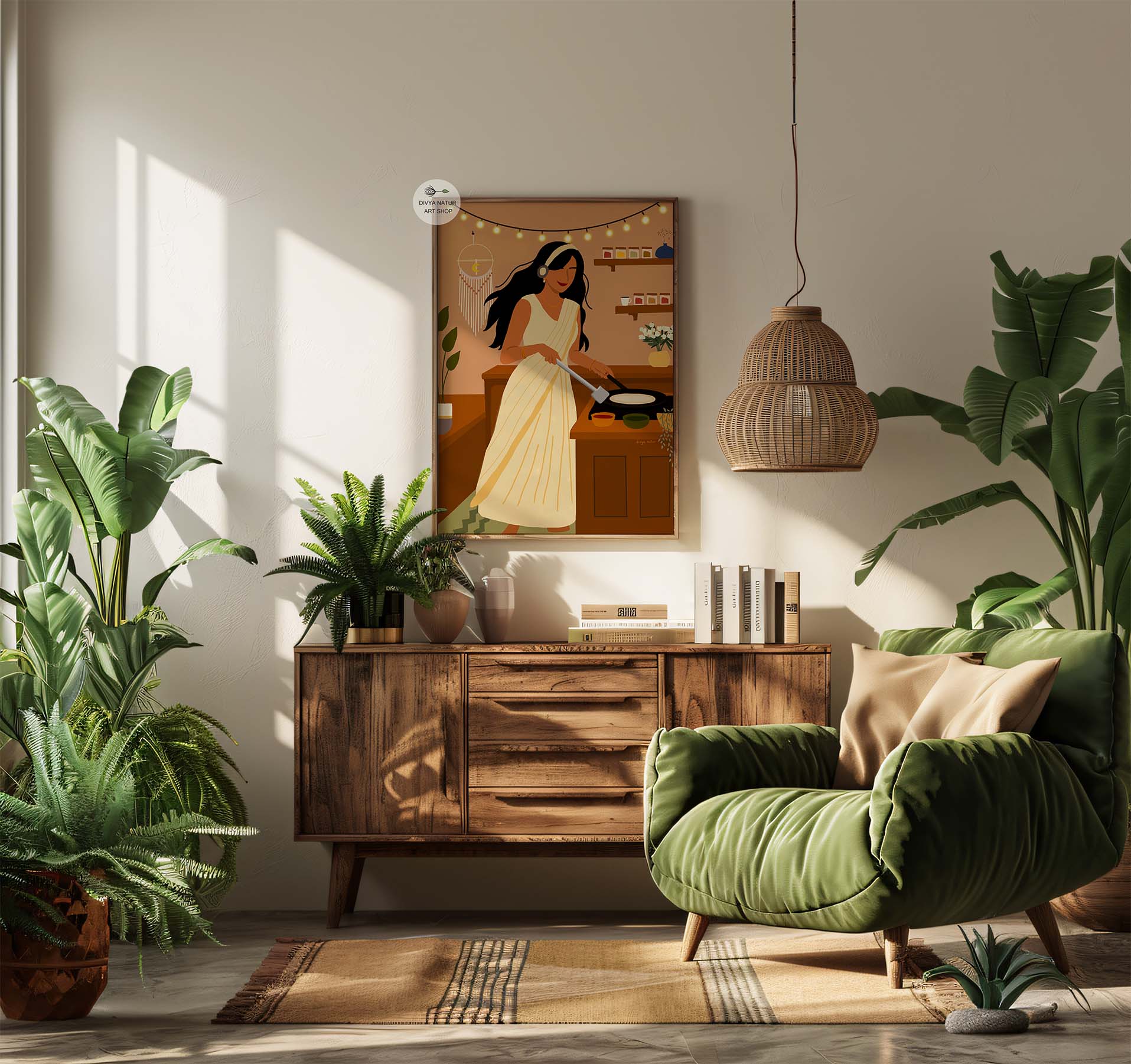 Fine art print of Indian woman preparing dosa in ethnic home interior