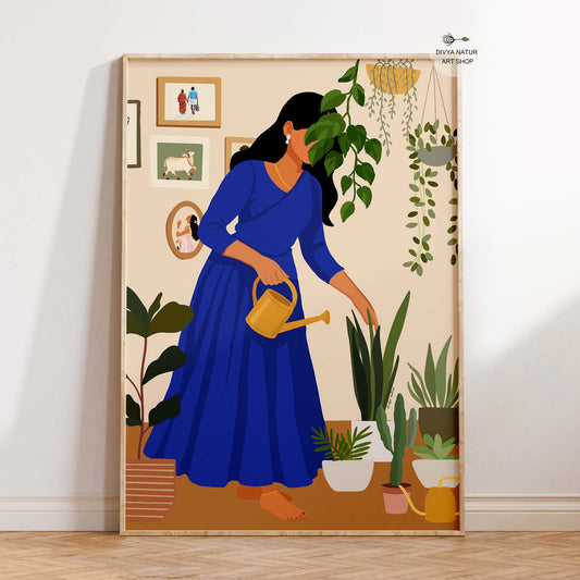 Art print of Indian woman in blue dress watering houseplants in cozy home setting