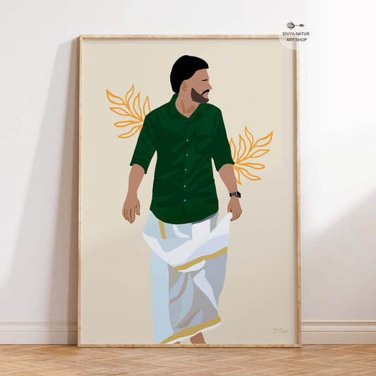 South Indian man wearing traditional white dhoti digital art illustration
