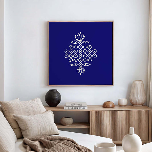 Lotus kolam rangoli wall art in blue background framed in oak