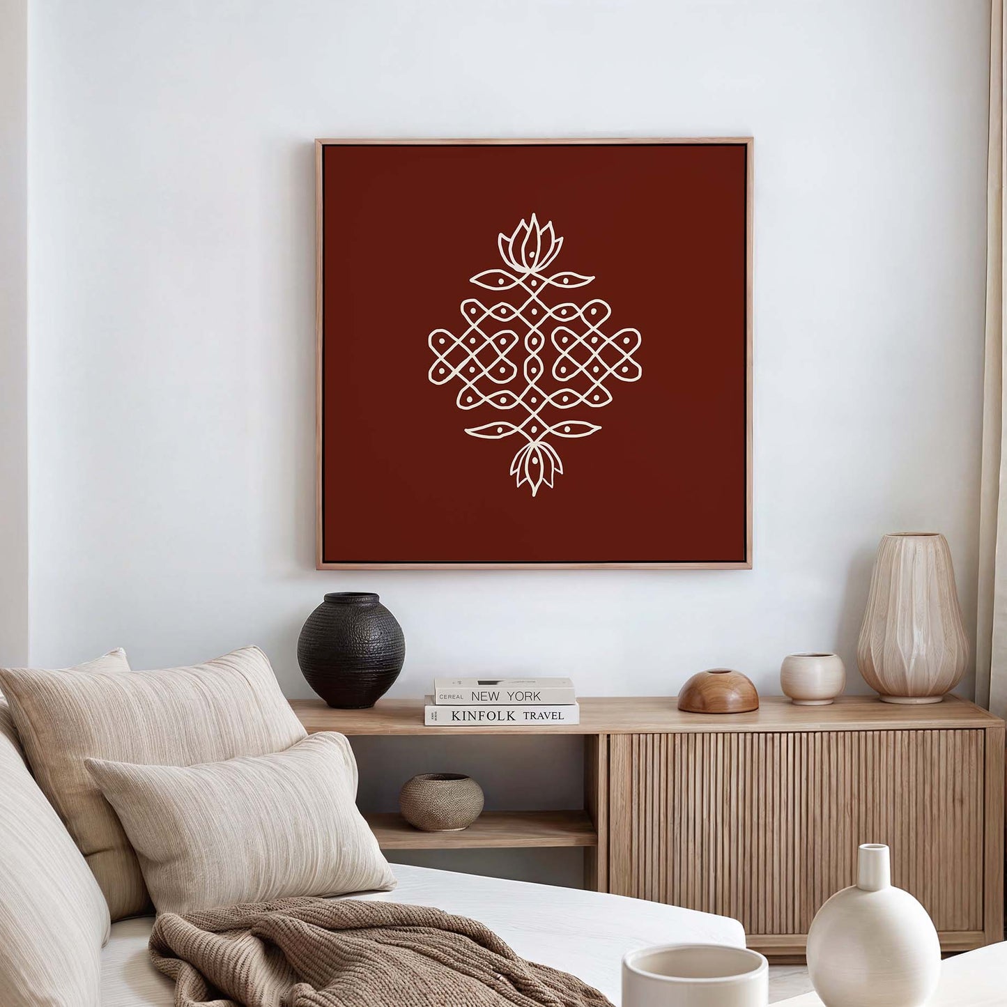 traditional rangoli inspired kolam artwork in minimal style