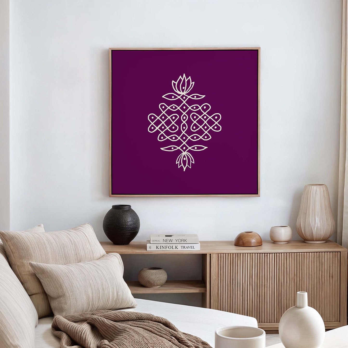modern wall decor featuring traditional south indian kolam design