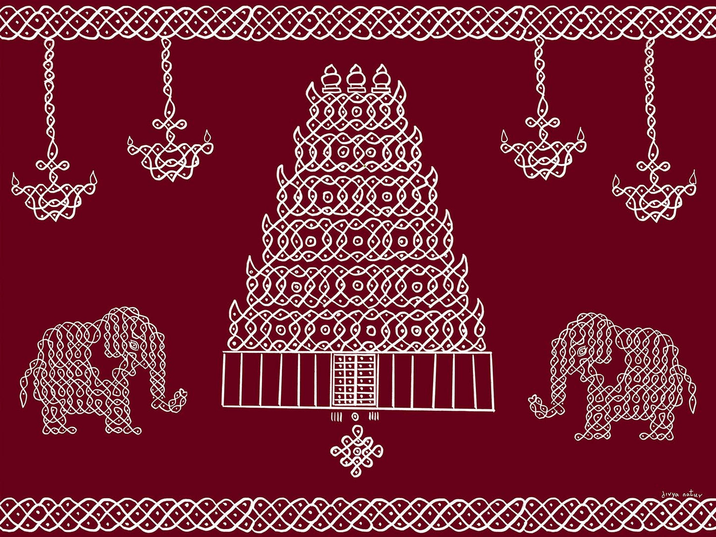 Premium wall art featuring South Indian kolam temple gopuram and elephant motifs