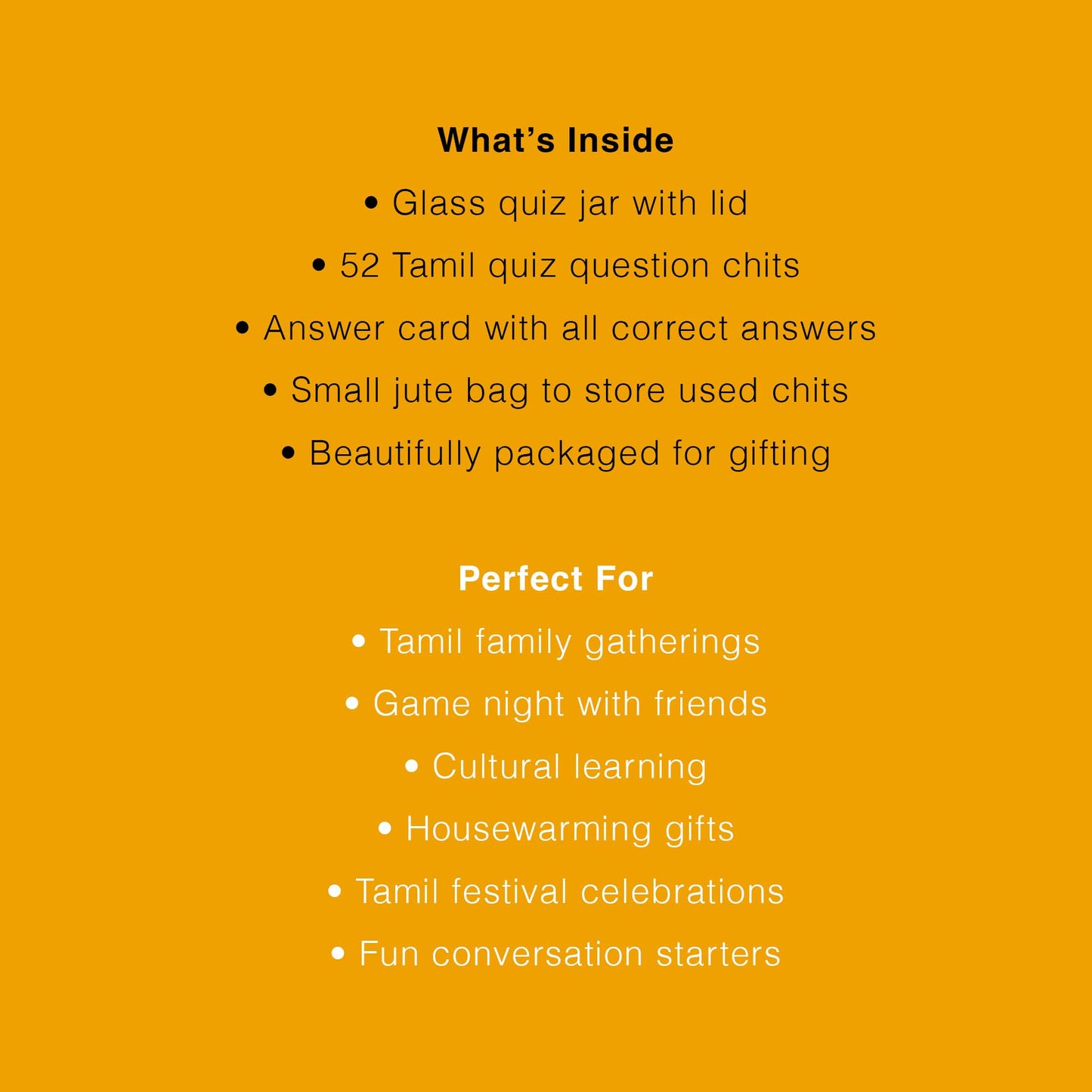Product description of a glass quiz jar with Tamil quiz question chits on a yellow background.